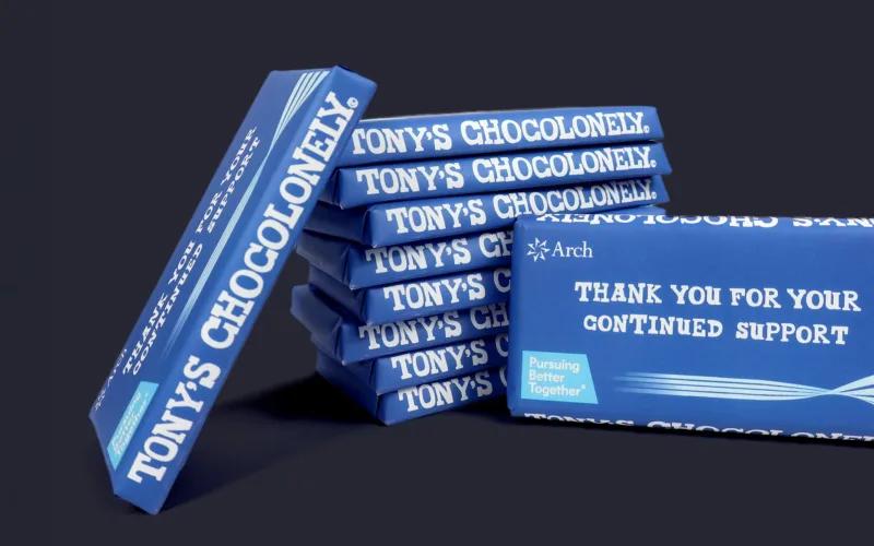 A collection of blue chocolate bars from 
