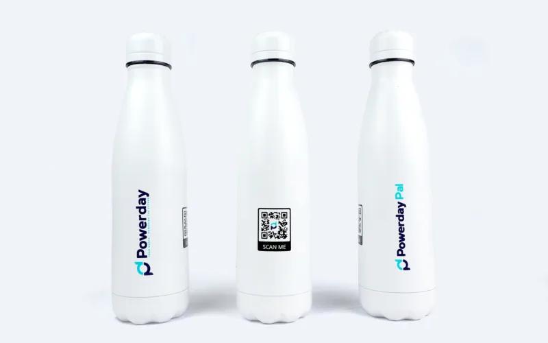 Three white stainless steel water bottles with different logos: 