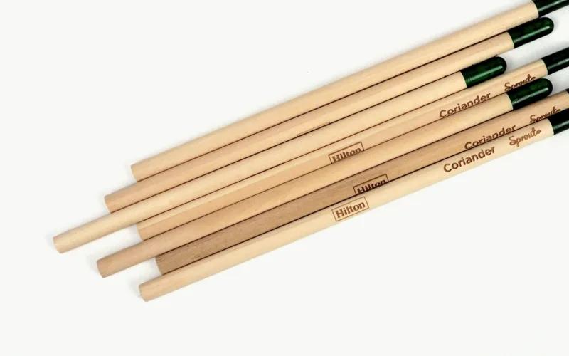 A set of wooden pencils with green erasers, featuring engravings of the words 