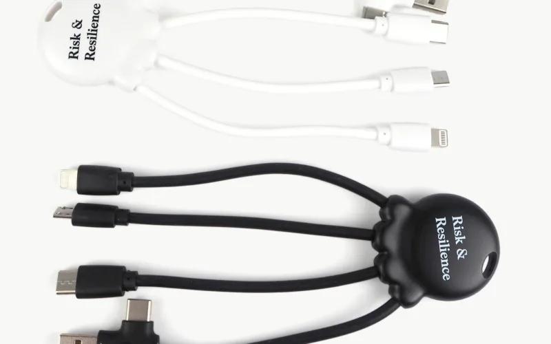 Two multi-charging cables in white and black, each with multiple connectors for various devices, are displayed. Both have 