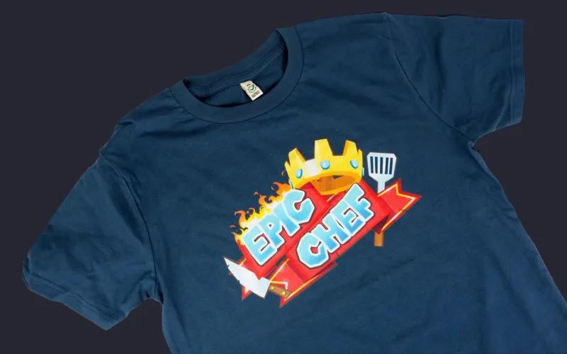 A navy blue t-shirt featuring a graphic design that includes the text 