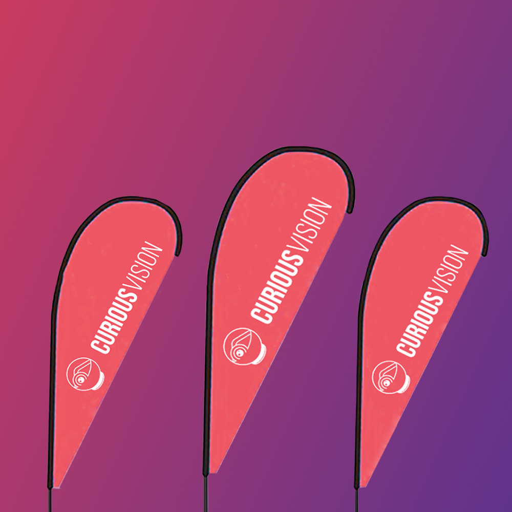 Three red flag banners with the text 