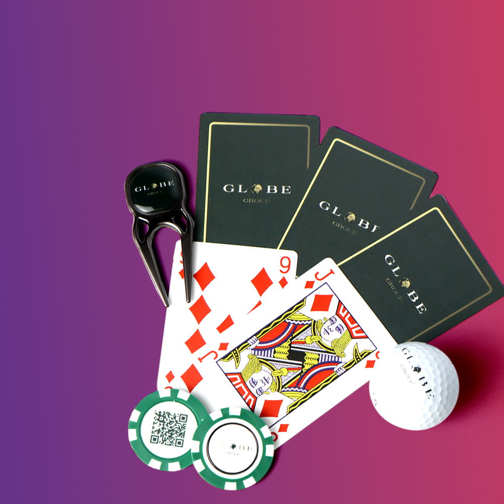 A collection of playing cards, poker chips, a golf tee, and a golf ball, all featuring the 