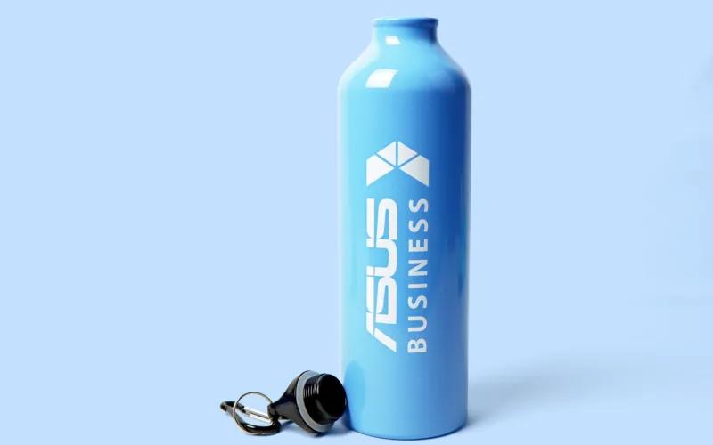 A blue stainless steel water bottle with a white logo and text that reads 